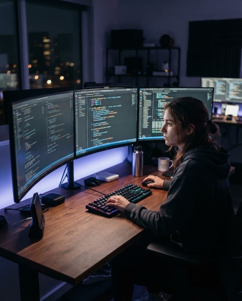 Developer working across multiple monitors