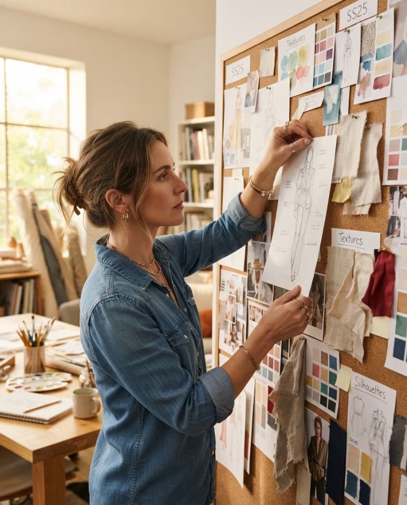 Designer arranging sketches on a mood board