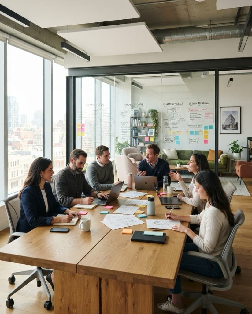 A team collaborating around a wooden table