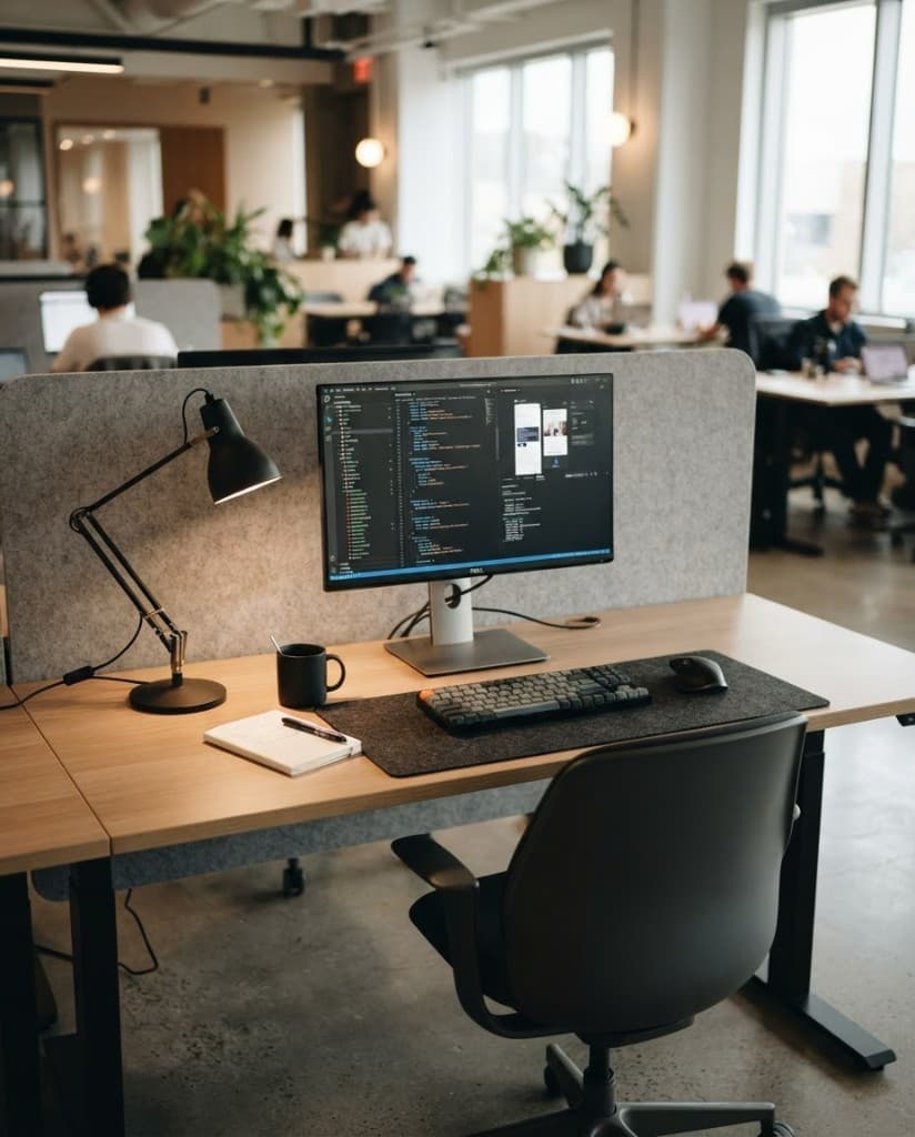 A focus desk with a monitor, lamp, and notebook