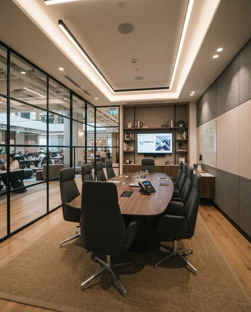A meeting room with a long table and grey chairs